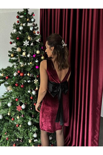 Zerrincan Giyim Bordo Kadife Sırtı Fiyonklu Elbise