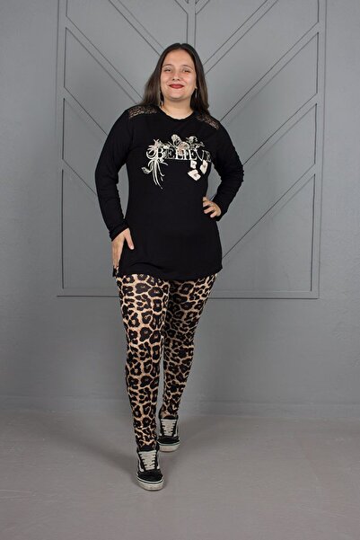 Truva XXL Women's Clothing Bottom Leopard Shoulder Lace Pajamas Suit