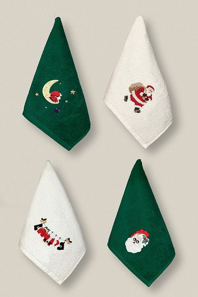 Ellaline Set of 4 Embroidered Christmas Towels - 100% Cotton, Hand Face and Kitchen Guest Christmas 30X50Cm
