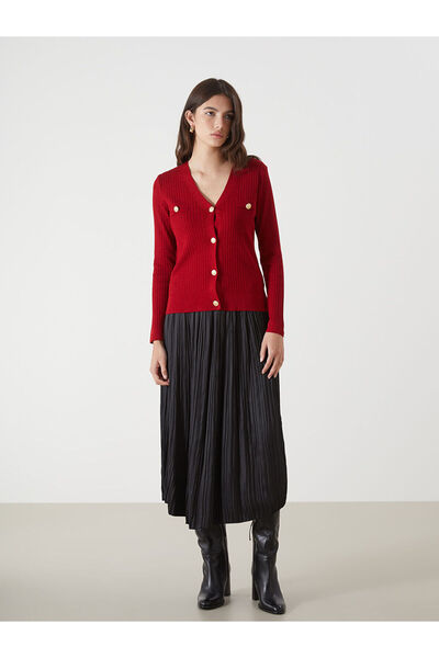 LC Waikiki Lcwaikiki Classic Red V-Neck Women's Knitwear Cardigan