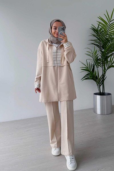 Ka Hijab Beige Hooded Striped Hijab Set of 2 - Two Thread