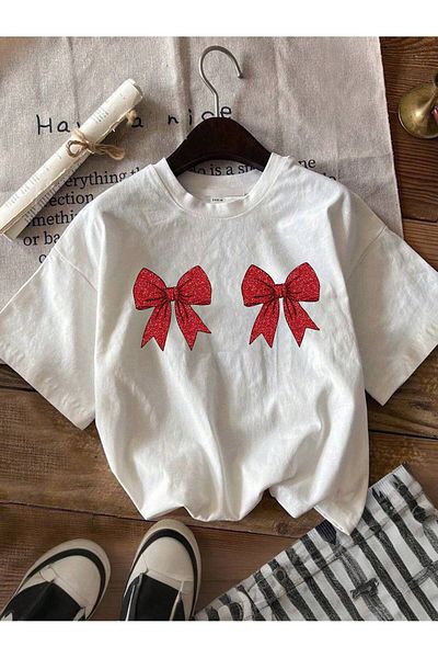 Alviora Tricou oversize cu imprimeu cu fundă strălucitoare de Crăciun de Crăciun