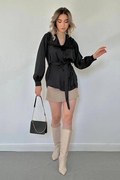 Elbee Fashion Woman Cămașă din satin cu guler cu volane