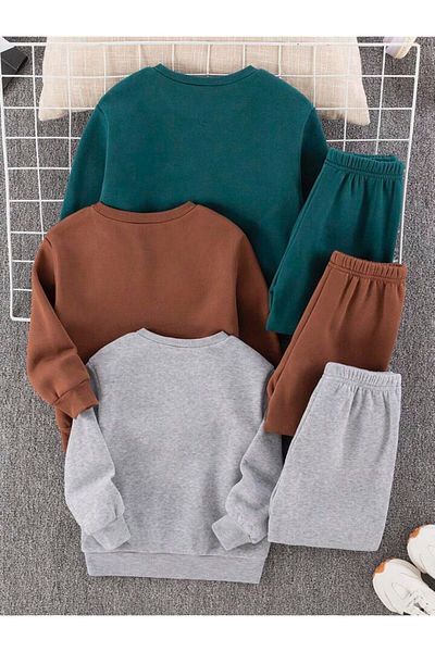 MORNİNG KİDS Boys and Girls 6 Piece Crew Neck Printed Sweatshirt-Sweatpants Set (Greengreycoffee)