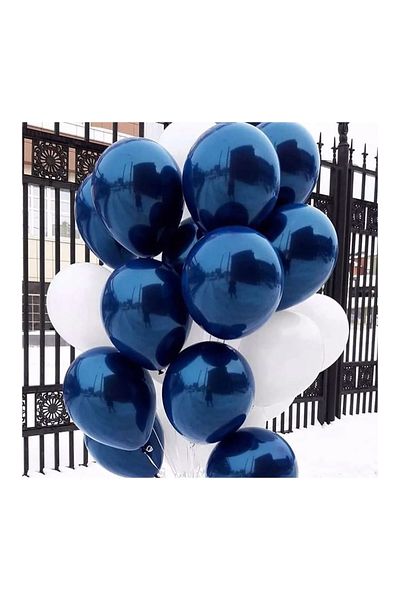 Ezgi Party Store باقة بالونات معدنية باللون الأزرق الداكن والأبيض مكونة من 20 قطعة