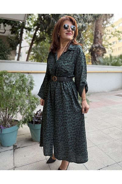 DenizEge Εισαγόμενο μακρύ φόρεμα με ζώνη λεοπάρ