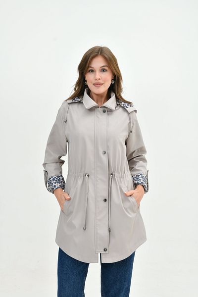 Butik Women's Water Resistant Plus Size Women's Trench Coat with Foldable Sleeve Patterned Hooded Waist Lace-Up