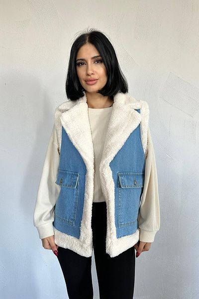 Elbee Fashion Woman Кожена жилетка с дънкова гарнитура