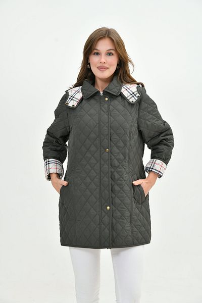 Butik Plus Size Hooded Plaid Seasonal Quilted Coat - Tight Fit