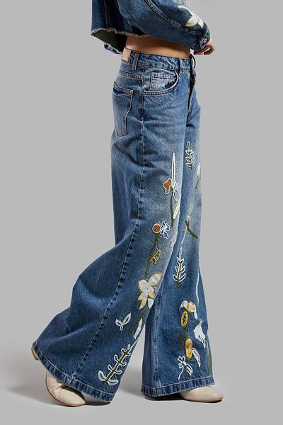its basic Blugi de damă Culoare 2S575 Denim largi cu broderie florală