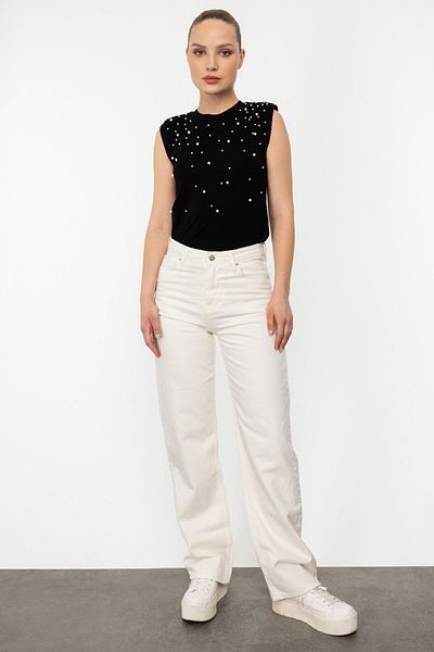 Ekol Ecru High Waist Wide Leg Trousers
