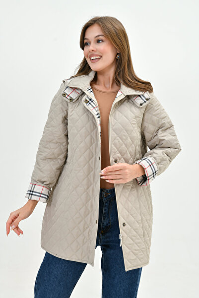 Butik Plus Size Hooded Plaid Patterned Seasonal Quilted Coat - Tight Fit