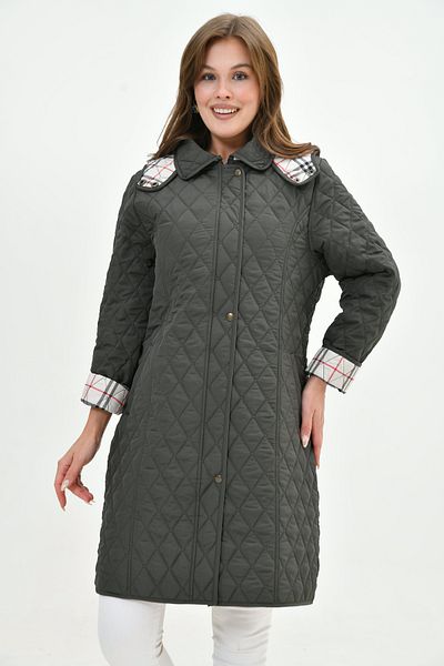 Butik Plus Size Plaid Quilted Coat - Long Hood, Seasonal, Tight Fit