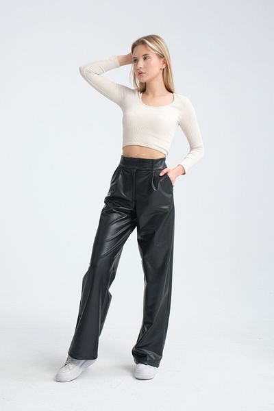 H&A İSTANBUL Schwarze Palazzo-Hose aus Leder mit hoher Taille und Klettverschlusstasche für Damen