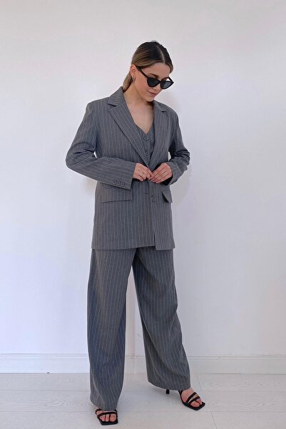 Elbee Fashion Woman Çizgili Ceket & Yelek Ve Pantolon Takım