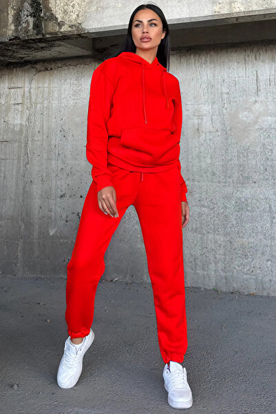 YAKAMEL Kadın Oversize 3 İplik İçi Şardonlu Paçası Lastikli Kapüşonlu Kangur Cep Kalın Eşofman Takımı