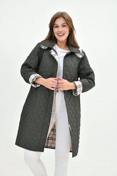Butik Plus Size Plaid Quilted Coat - Long Hood, Seasonal, Tight Fit
