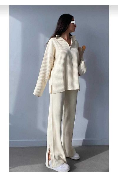 Mıncırık Kids Women's Ecru Knitwear Set with Ribbed Collar and Side Zipper - Slit Leg