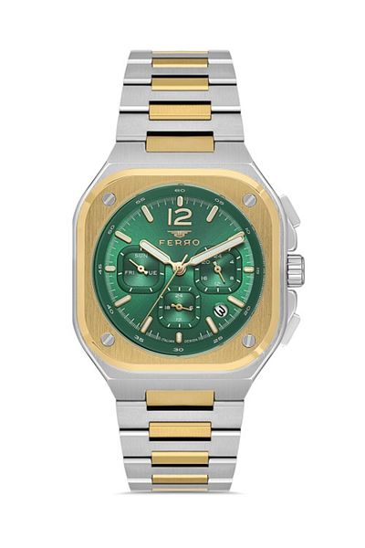 FERRO Fm11497Awt-D6 Quartz Steel Grey Green Dial 42 mm Men's Wrist Watch