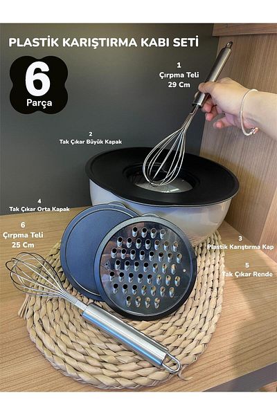 Bayev 6 Piece Mixing Bowl Set with Grater, 2 Whisks and Whisk Bowl Set with Grater Lid