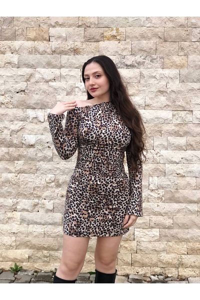 SEVENLINE Rochie de damă, cu umăr dezactivat, cu imprimeu leopard, cu partea elastică