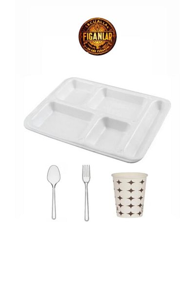 figanlar ambalaj Set of 50 Table D'Hote Foam Plate with 5 Compartments - Plastic Fork - Plastic Spoon - Cardboard Cup
