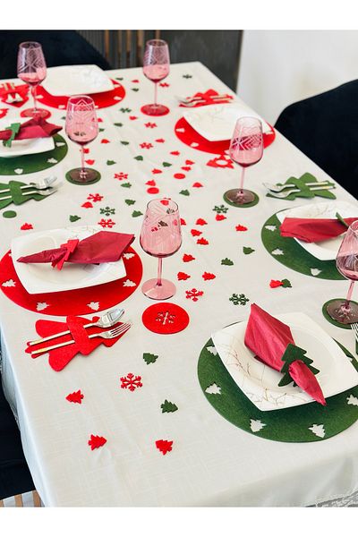 Karter İnovasyon New Year's Themed Red Green Mixed 6-Person 24-Piece American Service, New Year's Stock Set