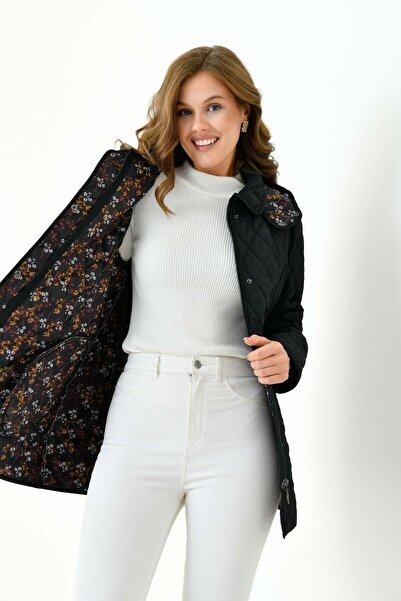 Butik Plus Size Hooded and Patterned Zippered Quilted Coat Jacket