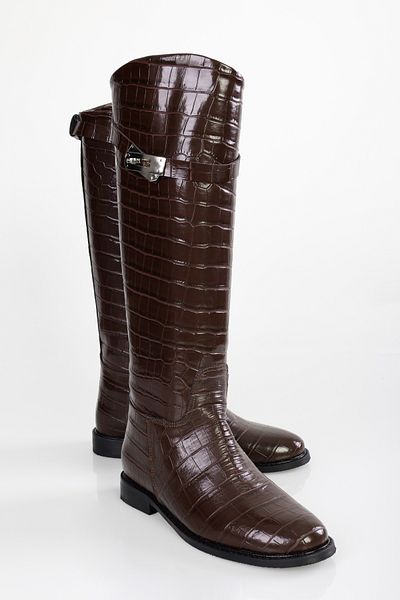 Shoeberry Damen Matia Brown Crocodile Rider Lange Stiefel