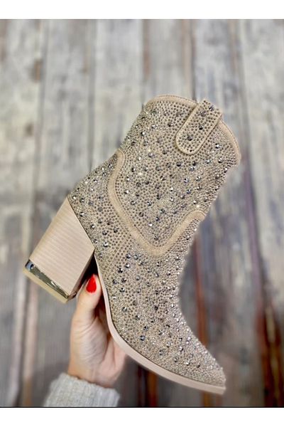 Guja 24K132 Beige Cream - Skin Rhinestone Shiny, Pointed Toe Chunky Heel Stylish Western Cowboy Boots