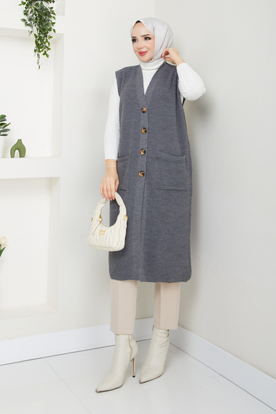 Pamuk Butik Γυναικείο πλεκτό γιλέκο με κουμπιά που κλείνει με τσέπη