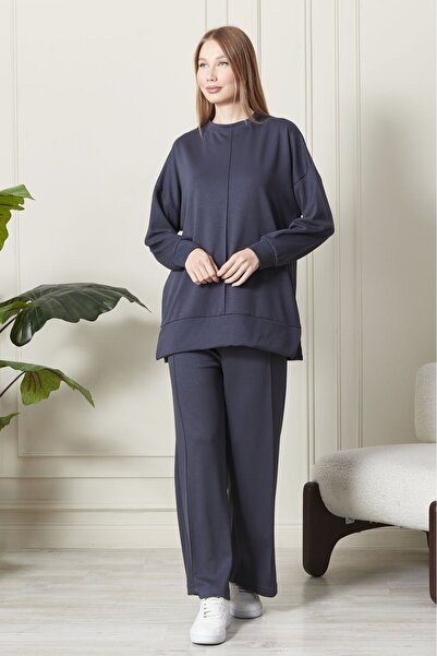 soBasic Culoare afumată - Lungime înaltă MODAL, decolteu și detaliu cu nervuri, set de trening cu talie elastică - picior lat