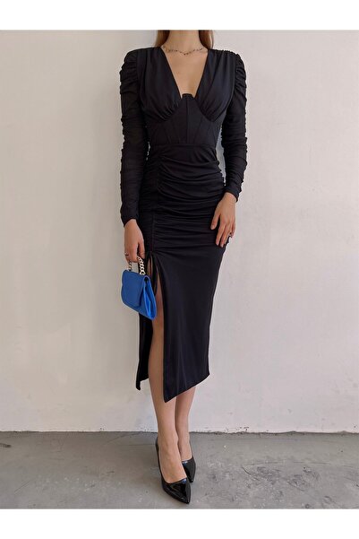 LUXLIGHT Kadı Drape Detaylı Yırtmaçlı Midi Tül Uzun Kollu Siyah Abiye Elbise