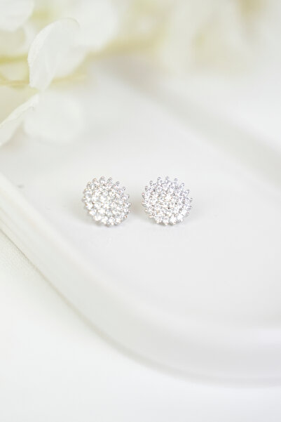 SARIASLAN Rodyumlu Yuvarlak Taşlı Kadın Gümüş Küpe