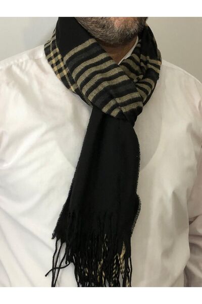 sema aksesuar Ανδρικό Μαύρο Μπεζ Γκρι Φούντες Ριγέ Φουλάρι - Πρωτοχρονιάτικο ...