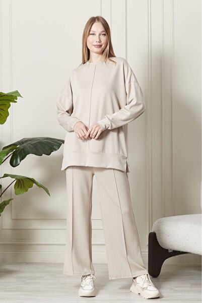 soBasic Culoare bej - MODAL Lungime înaltă, decolteu, talie elastică, detaliu nervurat, set de trening cu picioare largi-S