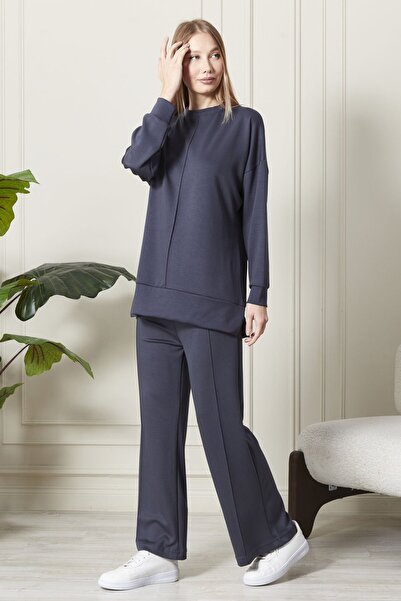 soBasic Culoare afumată - Lungime înaltă MODAL, decolteu și detaliu cu nervuri, set de trening cu talie elastică - picior lat