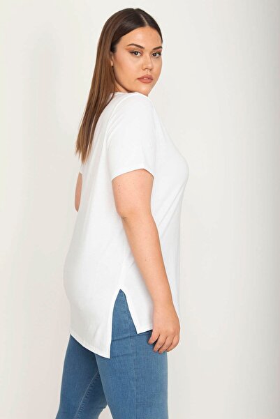 BYŞANS Women's White Side Slit Long Back Blouse 65N26383