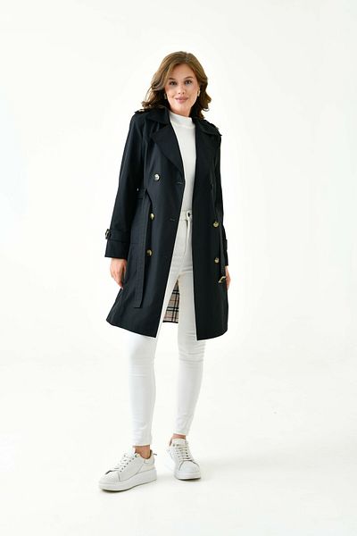 Butik Belted Button Detailed Double Pocket Large Size Double-Breasted Collar Trench Coat
