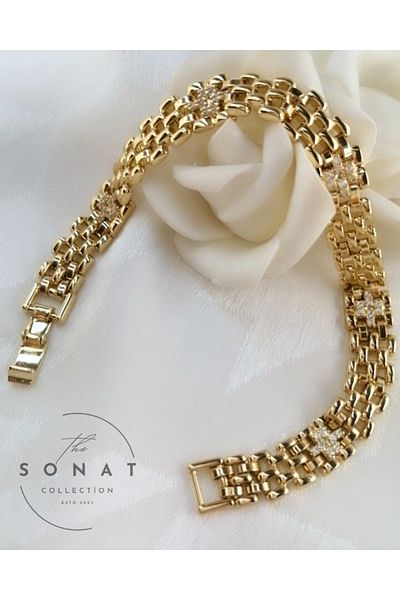 Sonat Collection Vip Series Xupıng 19 cm Gold Belt Bracelet with Non-Fading, Non-Darkening and Non-Allergenic Zircon Stones