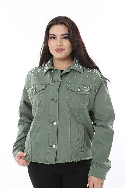 Kadın Haki İnci Ve Taş İşli Kot Mont 65N38492