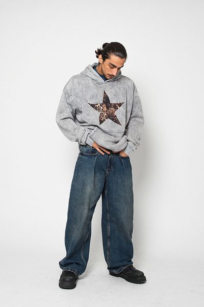 Sekizbiraltı Leopard Starz Printed Oversize Unisex Premium Washed White Hoodie