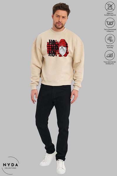 Nyda Collections Unisex Πρωτοχρονιά - Χριστουγεννιάτικο Hohoho Printed Oversize Hoodless Crew Neck φούτερ