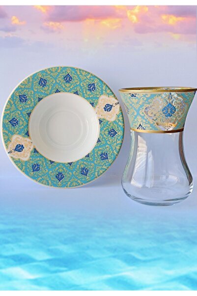 SAMSA Yeşil Gold Desen Işlemeli model 6 Kişilik Cam Porselen Çay Seti Premium Porcelain