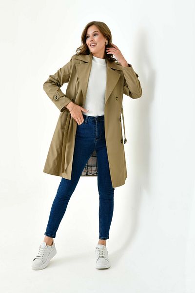 Butik Belted Button Detailed Double Pocket Large Size Double-Breasted Collar Trench Coat