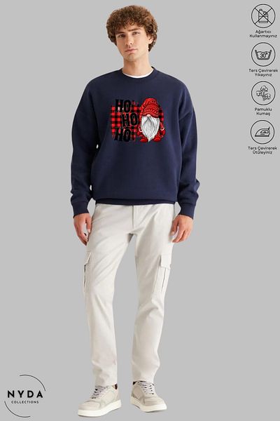 Nyda Collections Unisex Πρωτοχρονιά - Χριστουγεννιάτικο Hohoho Printed Oversize Hoodless Crew Neck φούτερ