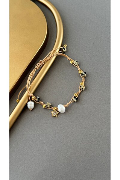 jewine studio Doğal Benekli Jasper Taşı, İnci ve Zirkon Yıldız Figürlü Bilekl...