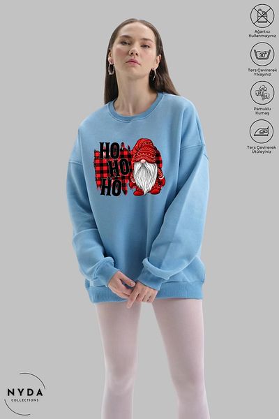 Nyda Collections Unisex Πρωτοχρονιά - Χριστουγεννιάτικο Hohoho Printed Oversize Hoodless Crew Neck φούτερ