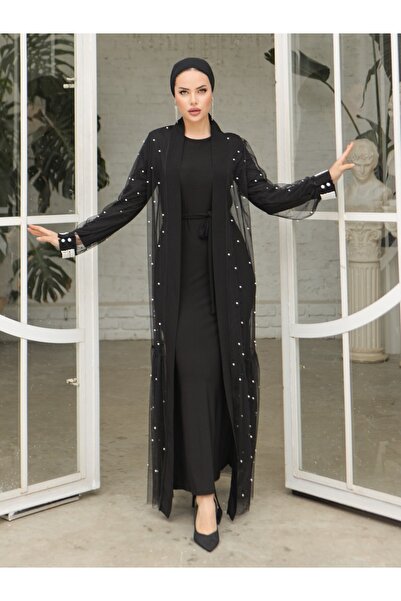 Modamorfo Black Double Abaya with Pearl Detail and Belt