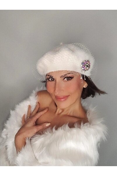 Senbeno Design TASARIM ABİYE ŞAPKA VUALET VE TAŞLI BROŞ DETAYLI BEYAZ KAŞMİR ...